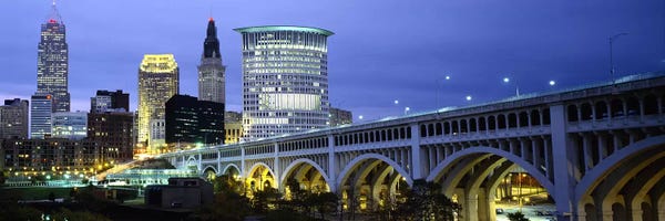 Ohio: Bridge in a city lit up at dusk, Detroit Avenue Bridge, Cleveland, Ohio, USA by Panoramic Images