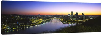 Buildings lit up at dawnPittsburgh, Pennsylvania, USA Canvas Art Print - Pittsburgh Skylines