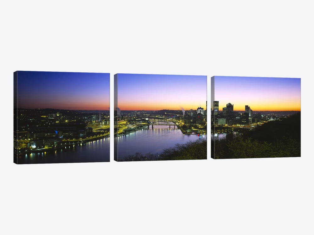 Buildings lit up at dawnPittsburgh, Pennsylvania, USA by Panoramic Images 3-piece Canvas Art