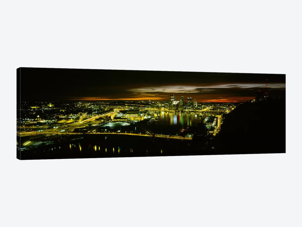 High angle view of buildings lit up at dawnPittsburgh, Pennsylvania, USA by Panoramic Images 1-piece Canvas Print