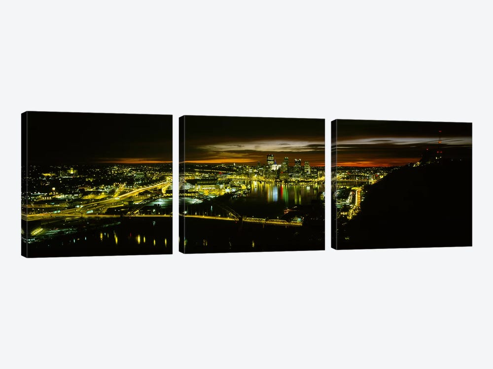 High angle view of buildings lit up at dawnPittsburgh, Pennsylvania, USA by Panoramic Images 3-piece Art Print