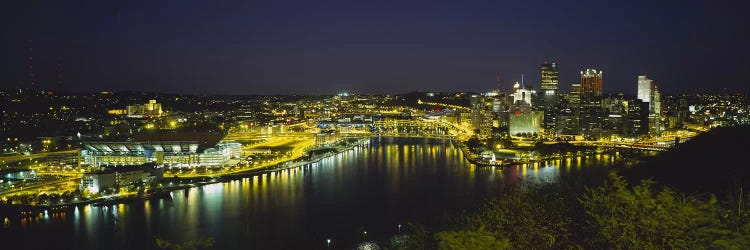 High angle view of buildings lit up at nightThree Rivers Area, Pittsburgh, Pennsylvania, USA