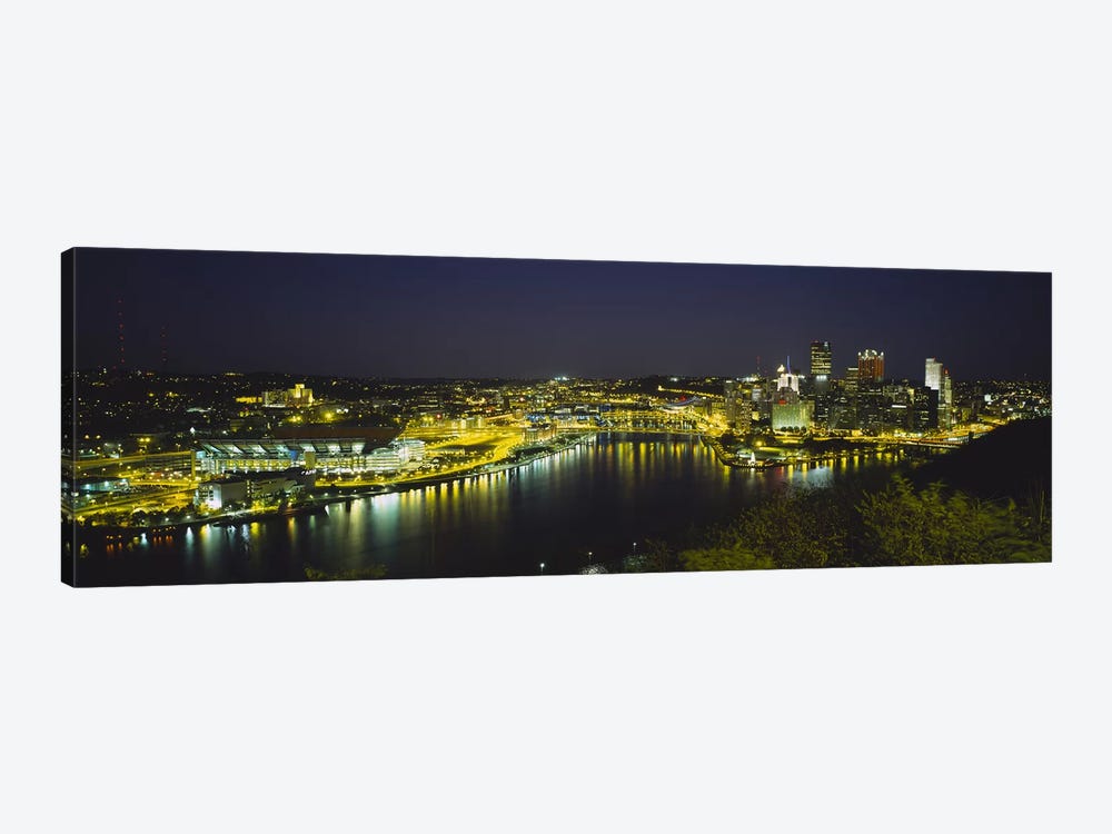 High angle view of buildings lit up at nightThree Rivers Area, Pittsburgh, Pennsylvania, USA by Panoramic Images 1-piece Canvas Artwork