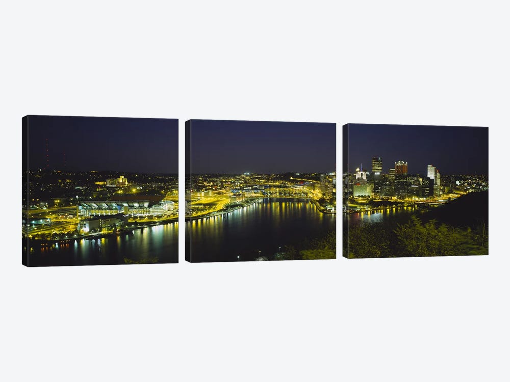 High angle view of buildings lit up at nightThree Rivers Area, Pittsburgh, Pennsylvania, USA by Panoramic Images 3-piece Canvas Art