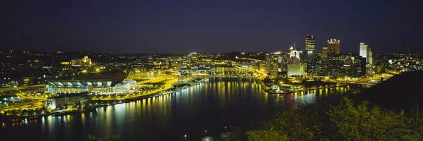 Pennsylvania: High angle view of buildings lit up at nightThree Rivers Area, Pittsburgh, Pennsylvania, USA by Panoramic Images