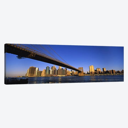 Brooklyn Bridge Splitting The Lower Manhattan Skyline View, New York City, New York, USA Canvas Print #PIM5993} by Panoramic Images Canvas Art