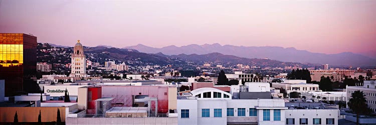 High angle view of a cityscape, San Gabriel Mountains, Hollywood Hills, Hollywood, City of Los Angeles, California, USA