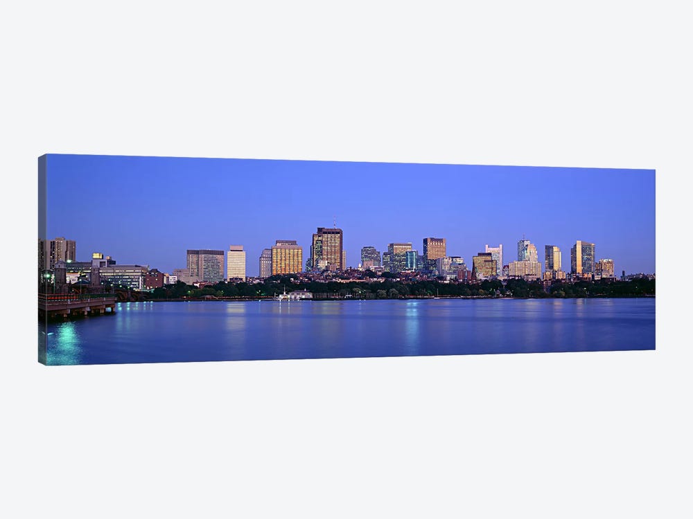 Buildings at the waterfront lit up at night, Boston, Massachusetts, USA by Panoramic Images 1-piece Canvas Artwork