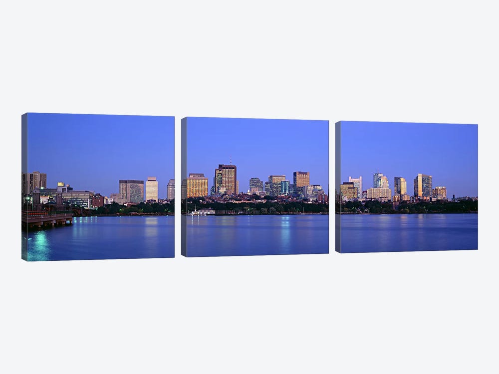 Buildings at the waterfront lit up at night, Boston, Massachusetts, USA by Panoramic Images 3-piece Canvas Artwork