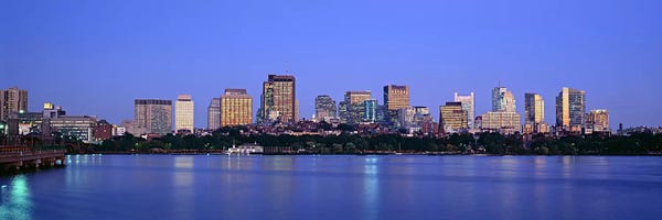 Buildings at the waterfront lit up at night, Boston, Massachusetts, USA