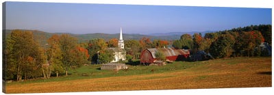 Church and a barn in a field, Peacham, Vermont, USA Canvas Art Print
