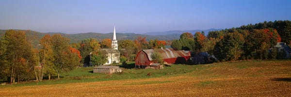 Vermont: Church and a barn in a field, Peacham, Vermont, USA by Panoramic Images