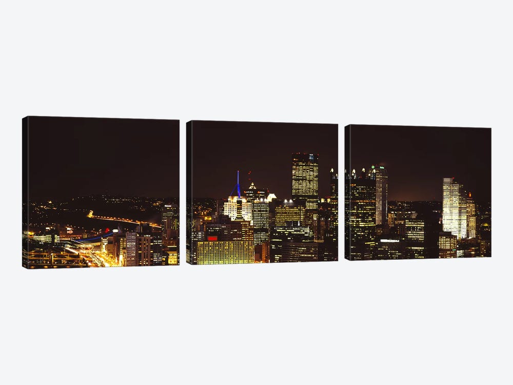 Buildings lit up at night in a cityPittsburgh Pennsylvania, USA by Panoramic Images 3-piece Canvas Art