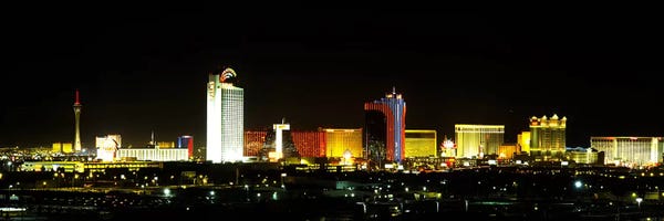 Las Vegas Skylines: Buildings lit up at night in a city, Las Vegas, Nevada, USA by Panoramic Images