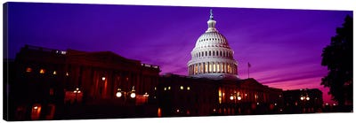 Low angle view of a government building lit up at twilight, Capitol Building, Washington DC, USA Canvas Art Print - Washington D.C. Art