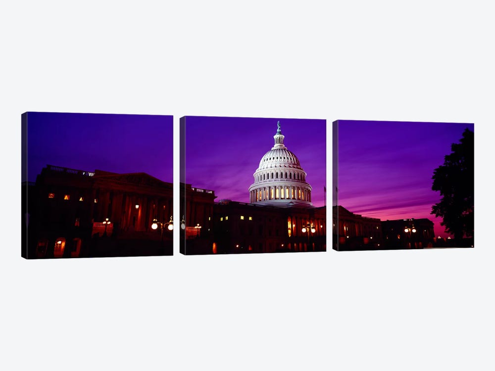 Low angle view of a government building lit up at twilight, Capitol Building, Washington DC, USA by Panoramic Images 3-piece Canvas Artwork