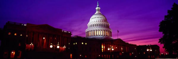 Domes: Low angle view of a government building lit up at twilight, Capitol Building, Washington DC, USA by Panoramic Images