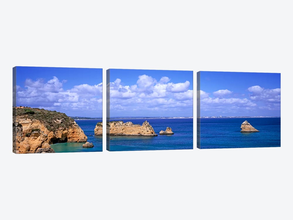 Cloudy Seascape With Limestone Outcrops, Dona Ana Beach, Lagos, Algarve Region, Portugal by Panoramic Images 3-piece Art Print
