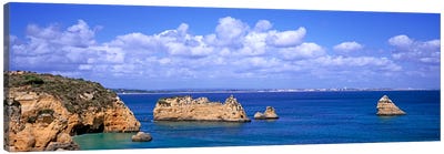 Cloudy Seascape With Limestone Outcrops, Dona Ana Beach, Lagos, Algarve Region, Portugal Canvas Art Print - Portugal Art