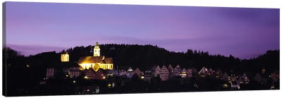 Church lit up at dusk in a town, Horb Am Neckar, Black Forest, Baden-Wurttemberg, Germany Canvas Art Print - Country Scenic Photography