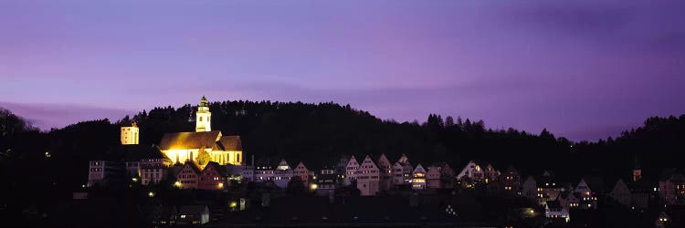 Church lit up at dusk in a town, Horb Am Neckar, Black Forest, Baden-Wurttemberg, Germany