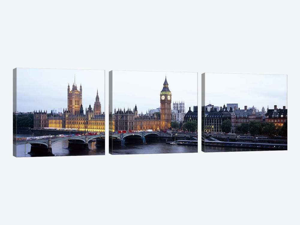 Palace Of Westminster & Westminster Bridge At Twilight, City Of Westminster, London, England, United Kingdom by Panoramic Images 3-piece Canvas Print