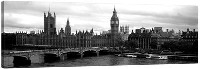 Bridge across a river, Westminster Bridge, Big Ben, Houses of Parliament, City Of Westminster, London, England Canvas Art Print - Large Black & White Art