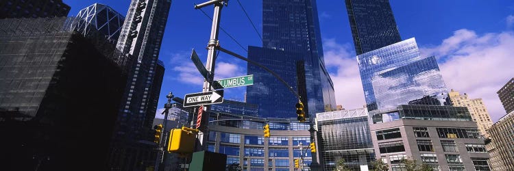 Low angle view of skyscrapers in a city, Columbus Circle, Manhattan, New York City, New York State, USA