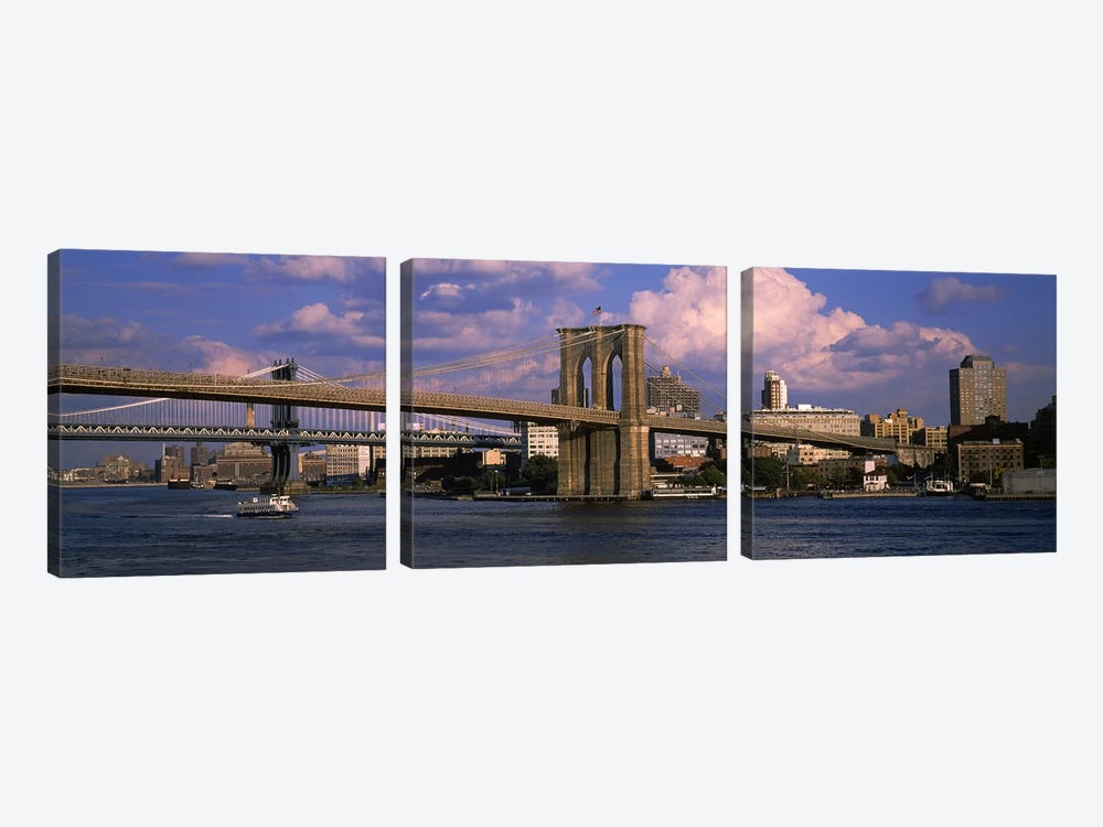 Boat in a riverBrooklyn Bridge, East River, New York City, New York State, USA by Panoramic Images 3-piece Canvas Print