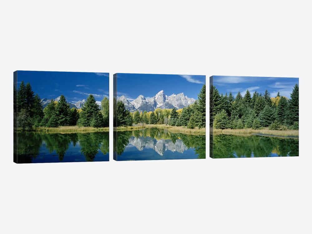 Teton Range And Its Reflection In Snake River, Schwabacher's Landing, Grand Teton National Park, Wyoming by Panoramic Images 3-piece Canvas Print