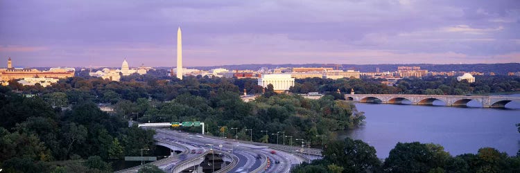 High angle view of monumentsPotomac River, Lincoln Memorial, Washington Monument, Capitol Building, Washington DC, USA