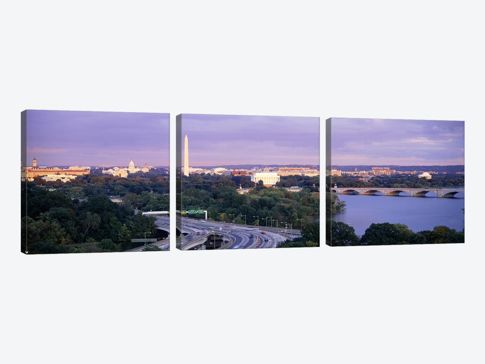 High angle view of monumentsPotomac River, Lincoln Memorial, Washington Monument, Capitol Building, Washington DC, USA by Panoramic Images 3-piece Canvas Wall Art
