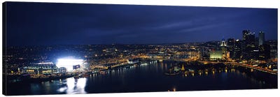 High angle view of buildings lit up at night, Heinz Field, Pittsburgh, Allegheny county, Pennsylvania, USA Canvas Art Print - Urban River, Lake & Waterfront Art