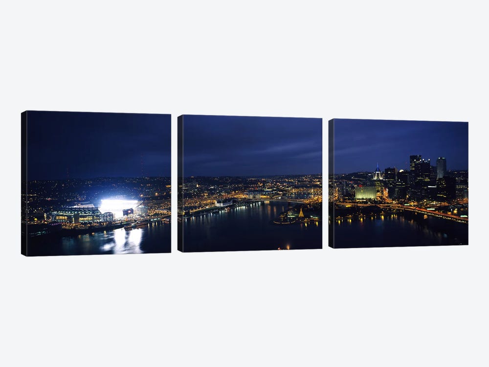 High angle view of buildings lit up at night, Heinz Field, Pittsburgh, Allegheny county, Pennsylvania, USA by Panoramic Images 3-piece Canvas Print