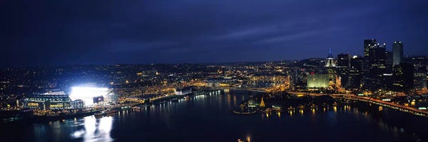 Pittsburgh: High angle view of buildings lit up at night, Heinz Field, Pittsburgh, Allegheny county, Pennsylvania, USA by Panoramic Images