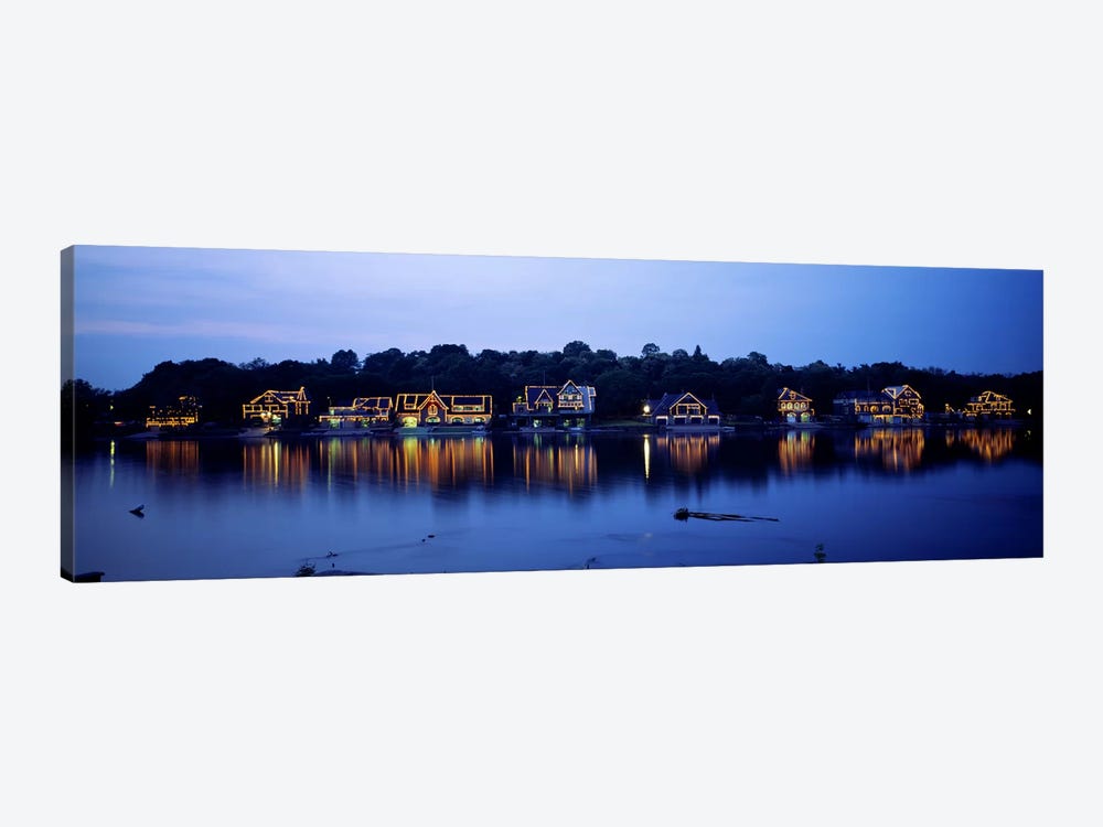 Boathouse Row lit up at dusk, Philadelphia, Pennsylvania, USA by Panoramic Images 1-piece Canvas Print