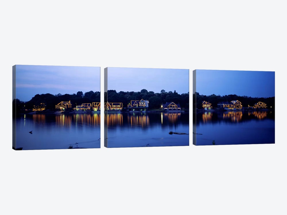 Boathouse Row lit up at dusk, Philadelphia, Pennsylvania, USA by Panoramic Images 3-piece Canvas Print