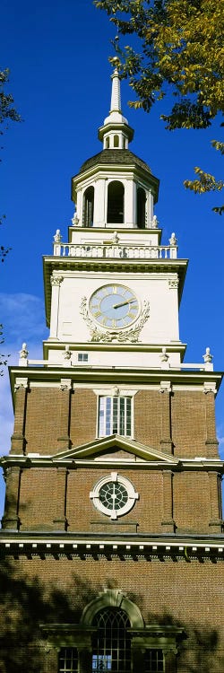 Low angle view of a clock tower, Independence Hall, Philadelphia, Pennsylvania, USA