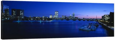 Buildings lit up at dusk, Charles River, Boston, Massachusetts, USA Canvas Art Print - Massachusetts Art