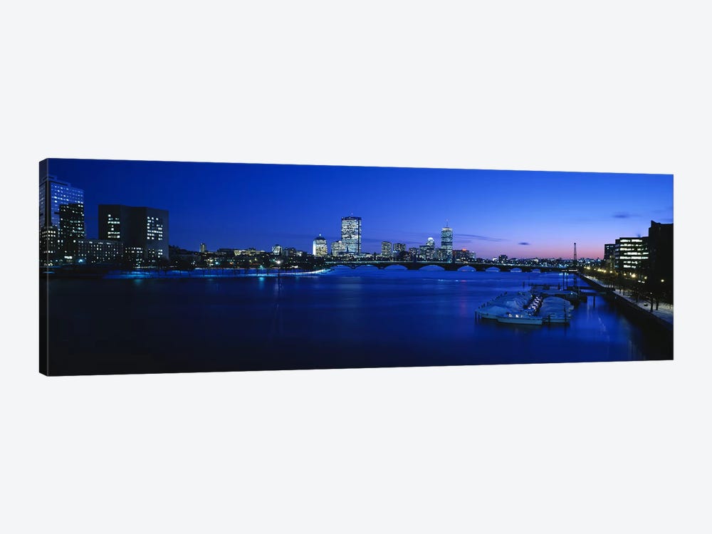Buildings lit up at dusk, Charles River, Boston, Massachusetts, USA by Panoramic Images 1-piece Canvas Wall Art
