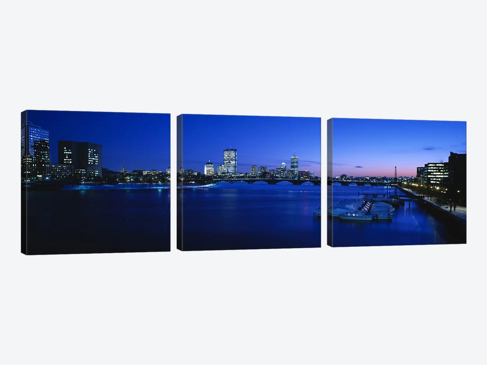 Buildings lit up at dusk, Charles River, Boston, Massachusetts, USA by Panoramic Images 3-piece Canvas Wall Art
