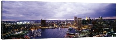 Buildings lit up at dusk, Baltimore, Maryland, USA #2 Canvas Art Print - Harbor & Port Art