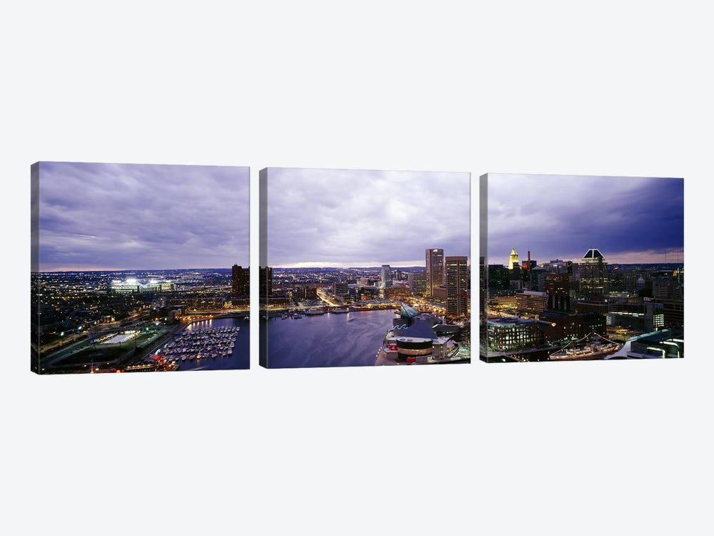Buildings lit up at dusk, Baltimore, Maryland, USA #2 by Panoramic Images 3-piece Canvas Art Print
