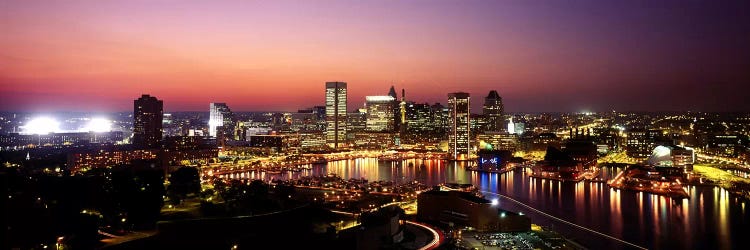 Buildings lit up at duskBaltimore, Maryland, USA