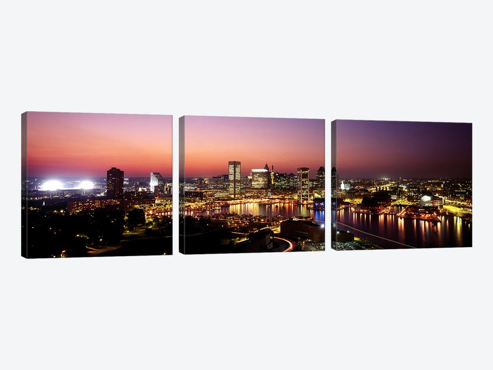 Buildings lit up at duskBaltimore, Maryland, USA by Panoramic Images 3-piece Canvas Wall Art