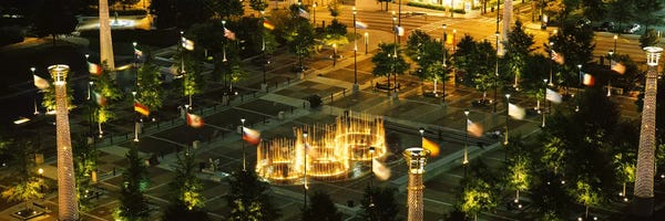 Georgia: High angle view of fountains in a park lit up at night, Centennial Olympic Park, Atlanta, Georgia, USA by Panoramic Images