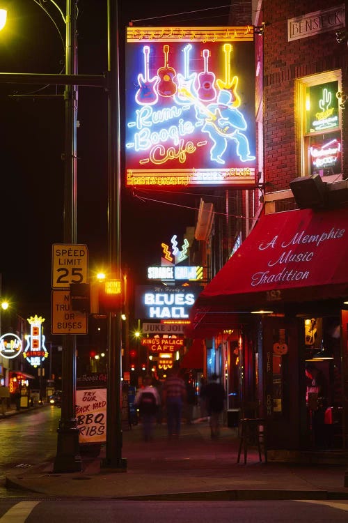 Neon sign lit up at night in a city, Rum Boogie Cafe, Beale Street, Memphis, Shelby County, Tennessee, USA by Panoramic Images wall art