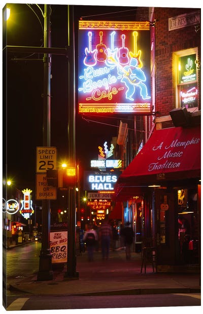 Neon sign lit up at night in a city, Rum Boogie Cafe, Beale Street, Memphis, Shelby County, Tennessee, USA Canvas Art Print - Legendary Music Cities
