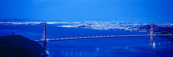 Golden Gate Bridge: High angle view of a bridge lit up at night, Golden Gate Bridge, San Francisco, California, USA by Panoramic Images
