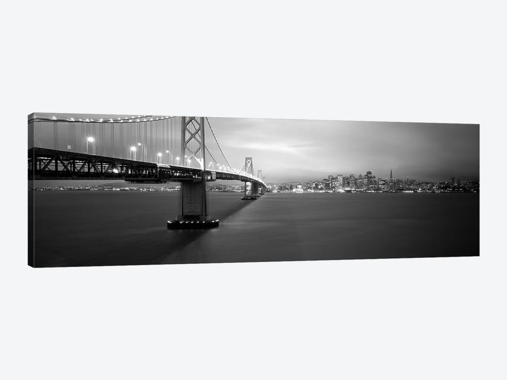 Low angle view of a suspension bridge lit up at nightBay Bridge, San Francisco, California, USA 1-piece Canvas Wall Art